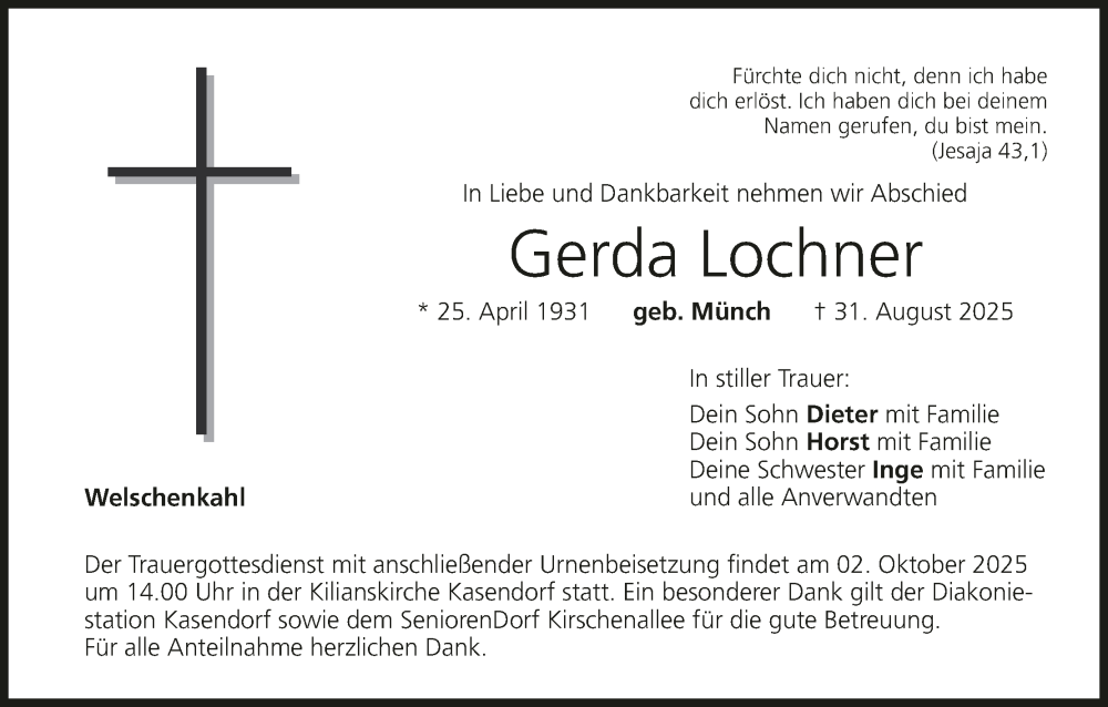  Traueranzeige für Gerda Lochner vom 27.09.2025 aus MGO
