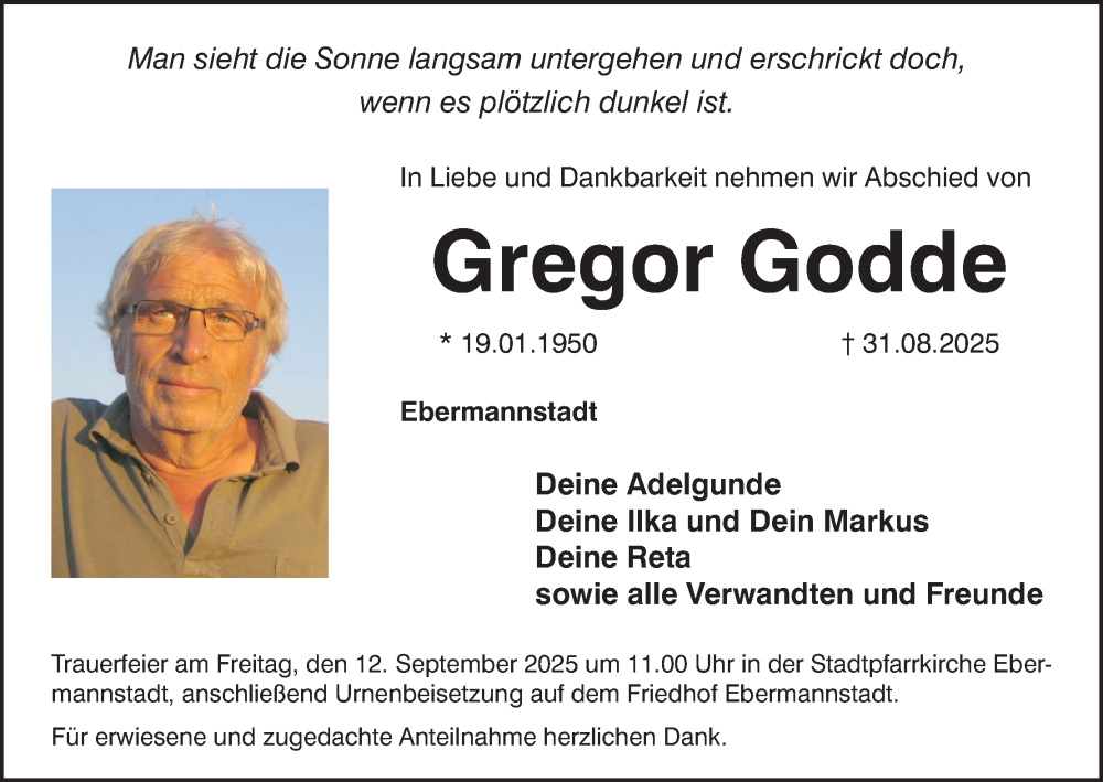  Traueranzeige für Gregor Godde vom 06.09.2025 aus MGO