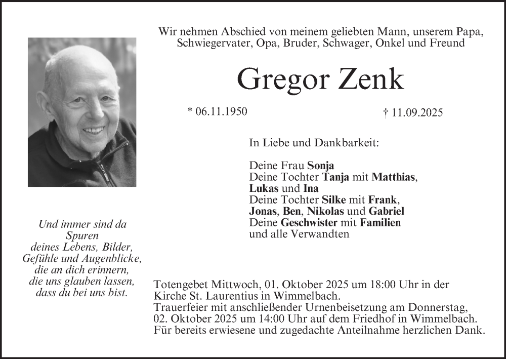  Traueranzeige für Gregor Zenk vom 27.09.2025 aus MGO