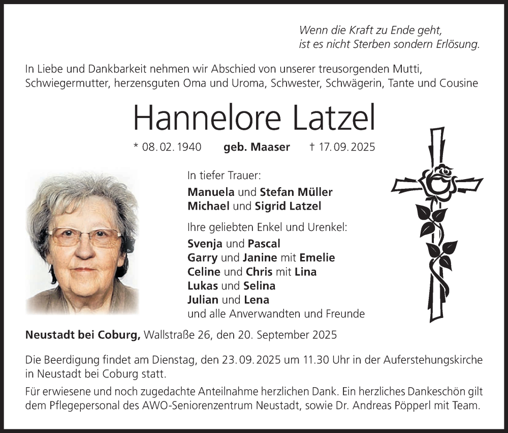  Traueranzeige für Hannelore Latzel vom 20.09.2025 aus MGO