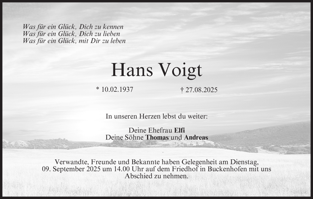 Traueranzeige für Hans Voigt vom 06.09.2025 aus MGO