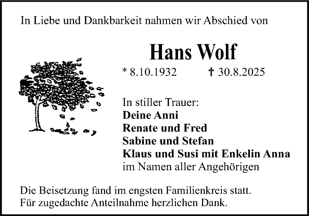  Traueranzeige für Hans Wolf vom 20.09.2025 aus MGO