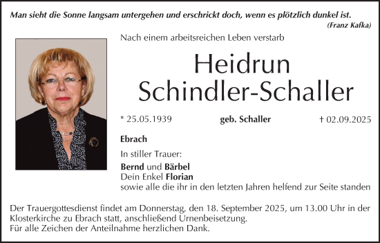 Anzeige von Heidrun Schindler-Schaller von MGO