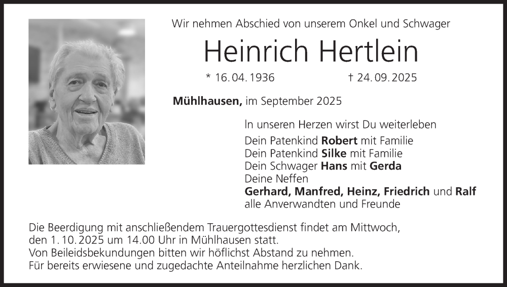  Traueranzeige für Heinrich Hertlein vom 27.09.2025 aus MGO