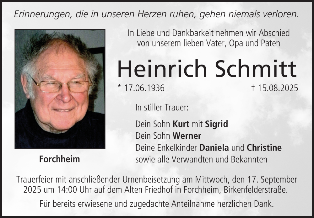  Traueranzeige für Heinrich Schmitt vom 13.09.2025 aus MGO
