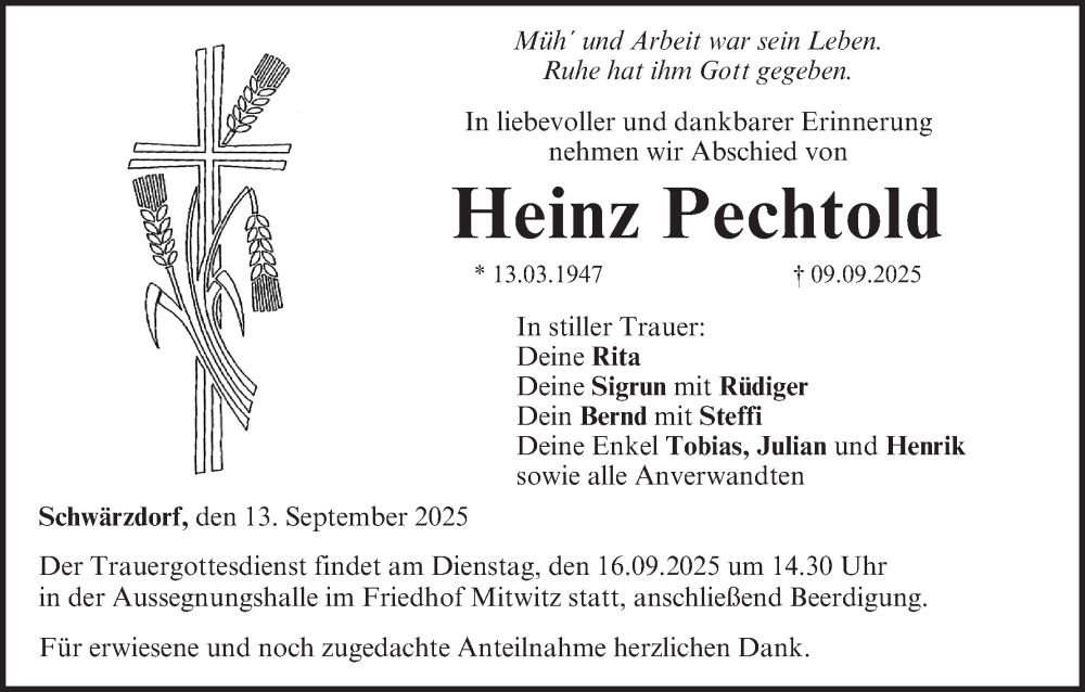  Traueranzeige für Heinz Pechtold vom 13.09.2025 aus MGO