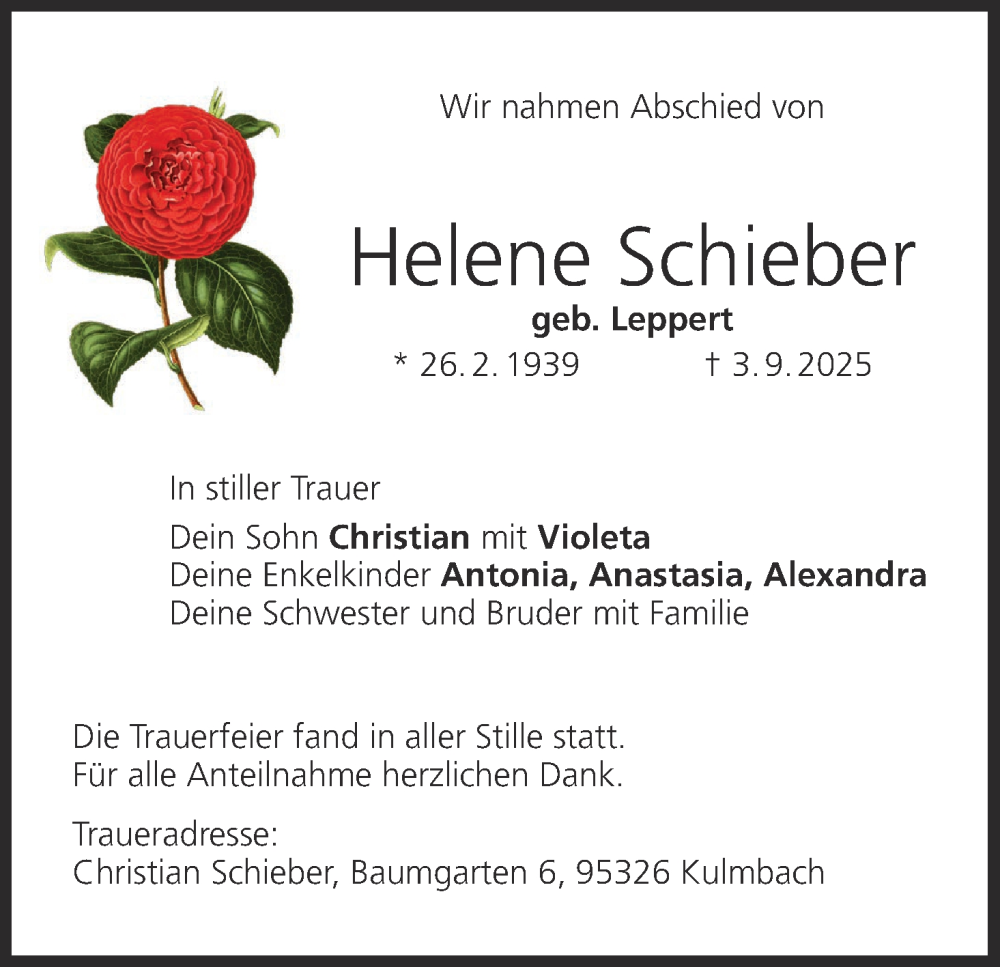  Traueranzeige für Helene Schieber vom 27.09.2025 aus MGO
