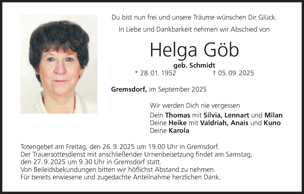  Traueranzeige für Helga Göb vom 25.09.2025 aus MGO