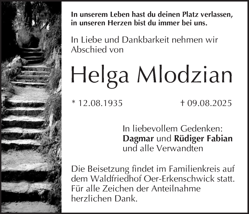 Traueranzeige für Helga Mlodzian vom 06.09.2025 aus MGO
