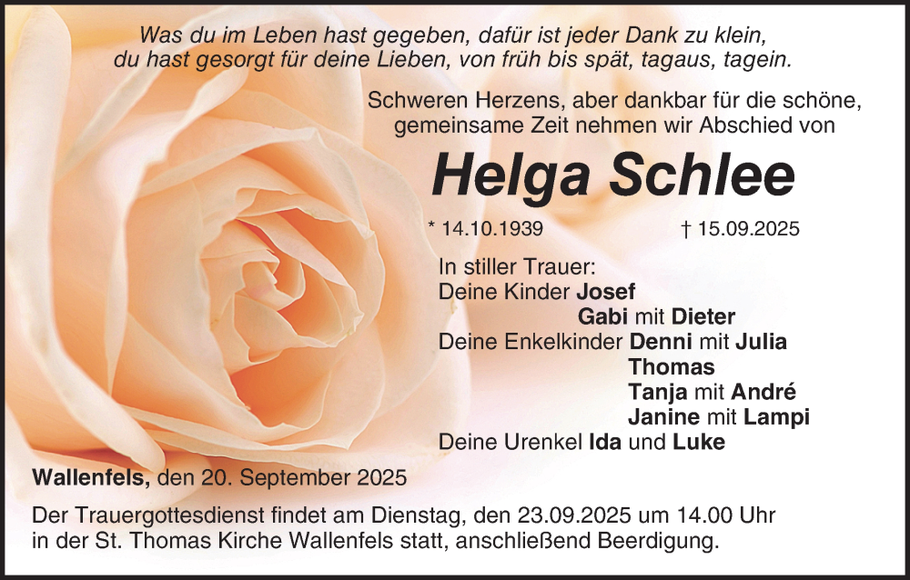  Traueranzeige für Helga Schlee vom 20.09.2025 aus MGO