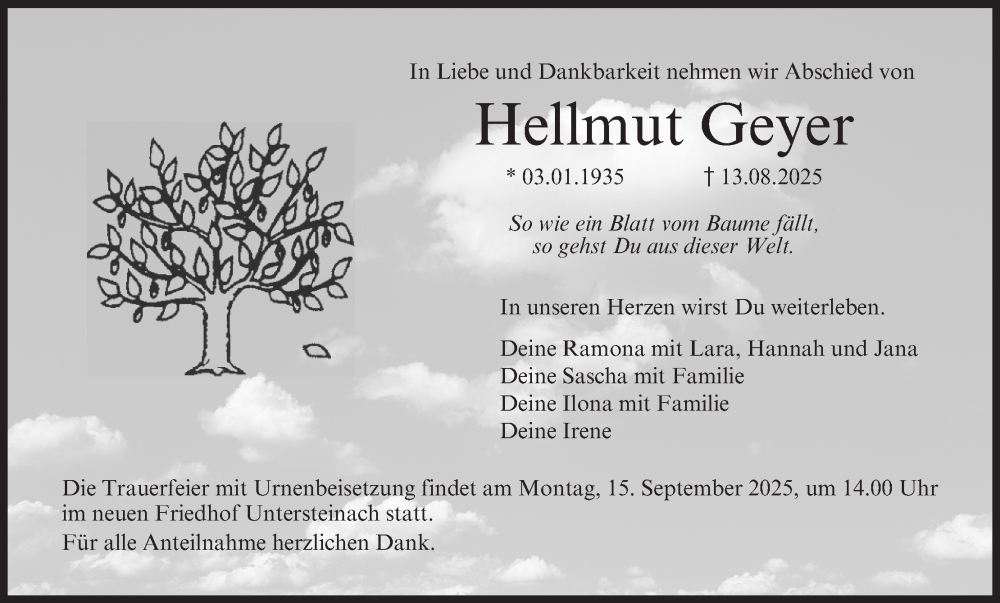  Traueranzeige für Hellmut Geyer vom 12.09.2025 aus MGO