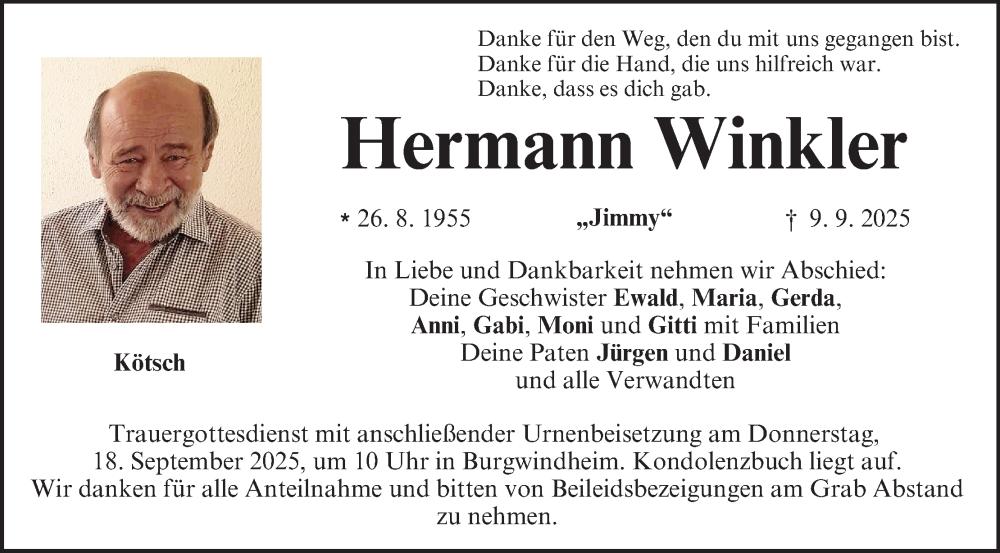  Traueranzeige für Hermann Winkler vom 13.09.2025 aus MGO
