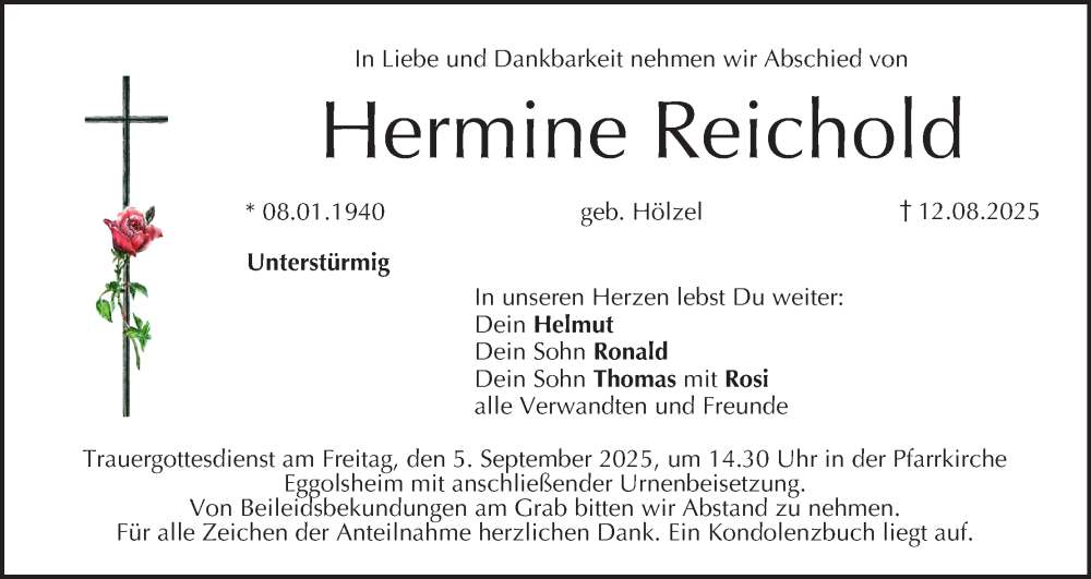  Traueranzeige für Hermine Reichold vom 03.09.2025 aus MGO