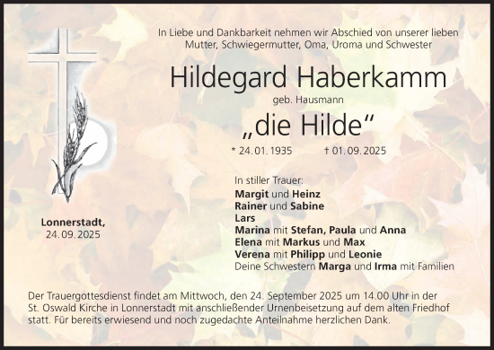 Anzeige von Hildegard Haberkamm von MGO