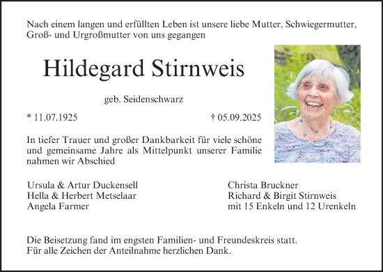 Anzeige von Hildegard Stirnweis von MGO