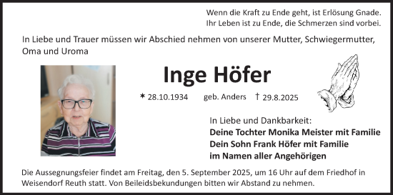Anzeige von Inge Höfer von MGO