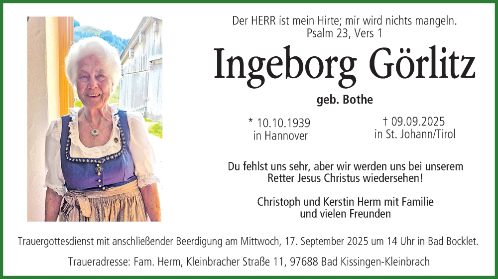  Traueranzeige für Ingeborg Görlitz vom 16.09.2025 aus MGO