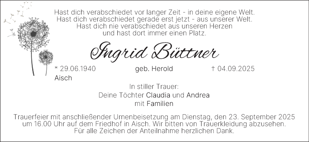  Traueranzeige für Ingrid Büttner vom 20.09.2025 aus MGO