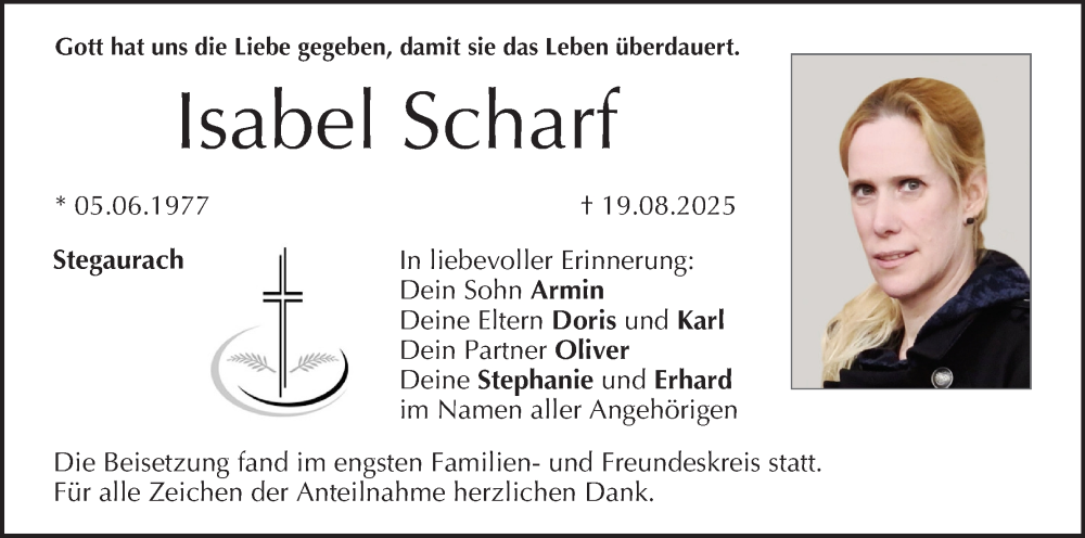  Traueranzeige für Isabel Scharf vom 06.09.2025 aus MGO
