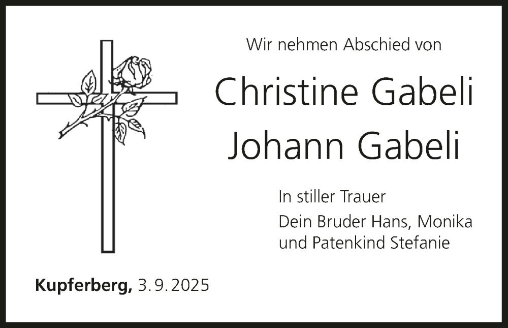  Traueranzeige für Johann Gabeli vom 03.09.2025 aus MGO
