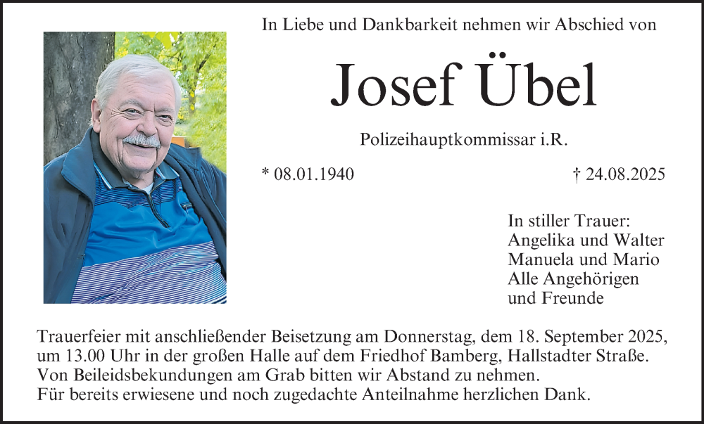  Traueranzeige für Josef Übel vom 13.09.2025 aus MGO