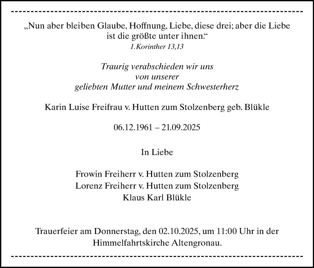  Traueranzeige für Karin Luise Freifrau v. Hutten zum Stolzenberg vom 27.09.2025 aus MGO