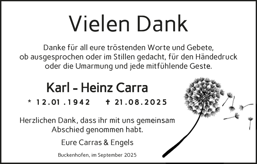  Traueranzeige für Karl-Heinz Carra vom 17.09.2025 aus MGO