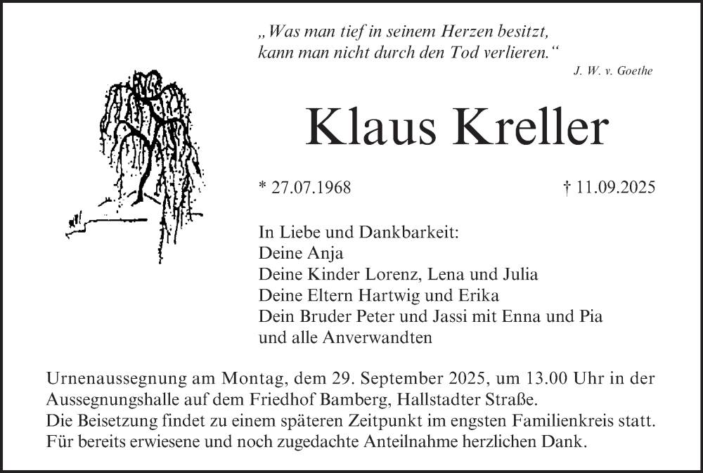  Traueranzeige für Klaus Kreller vom 20.09.2025 aus MGO