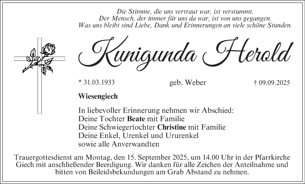 Traueranzeige für Kunigunda Herold vom 13.09.2025 aus MGO