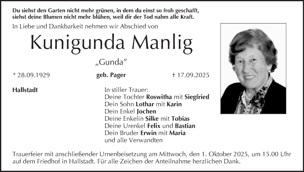  Traueranzeige für Kunigunda Manlig vom 27.09.2025 aus MGO