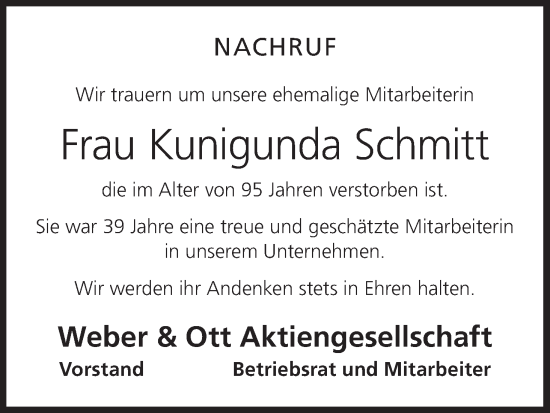 Anzeige von Kunigunda Schmitt von MGO