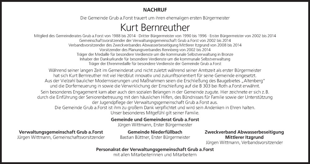  Traueranzeige für Kurt Bernreuther vom 19.09.2025 aus MGO