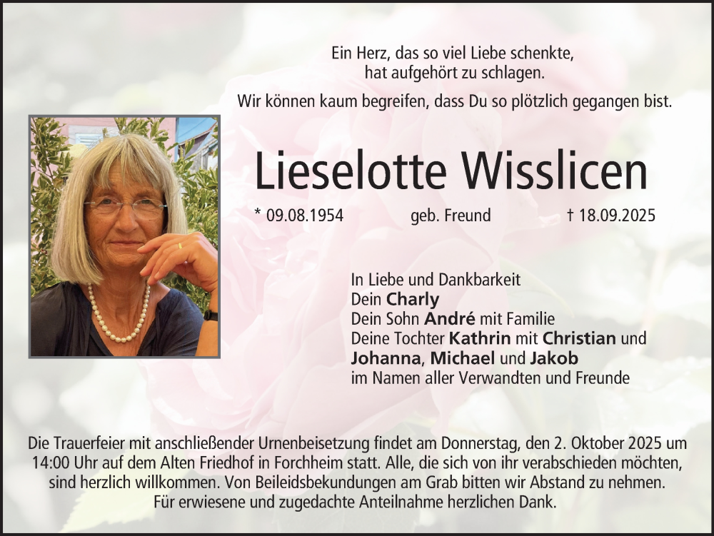  Traueranzeige für Lieselotte Wisslicen vom 27.09.2025 aus MGO