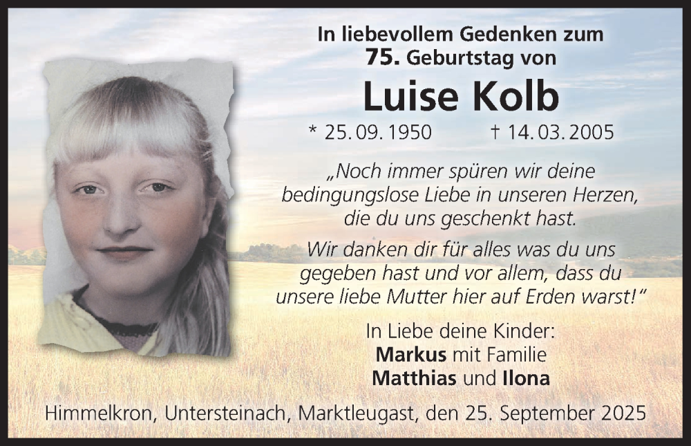  Traueranzeige für Luise Kolb vom 25.09.2025 aus MGO