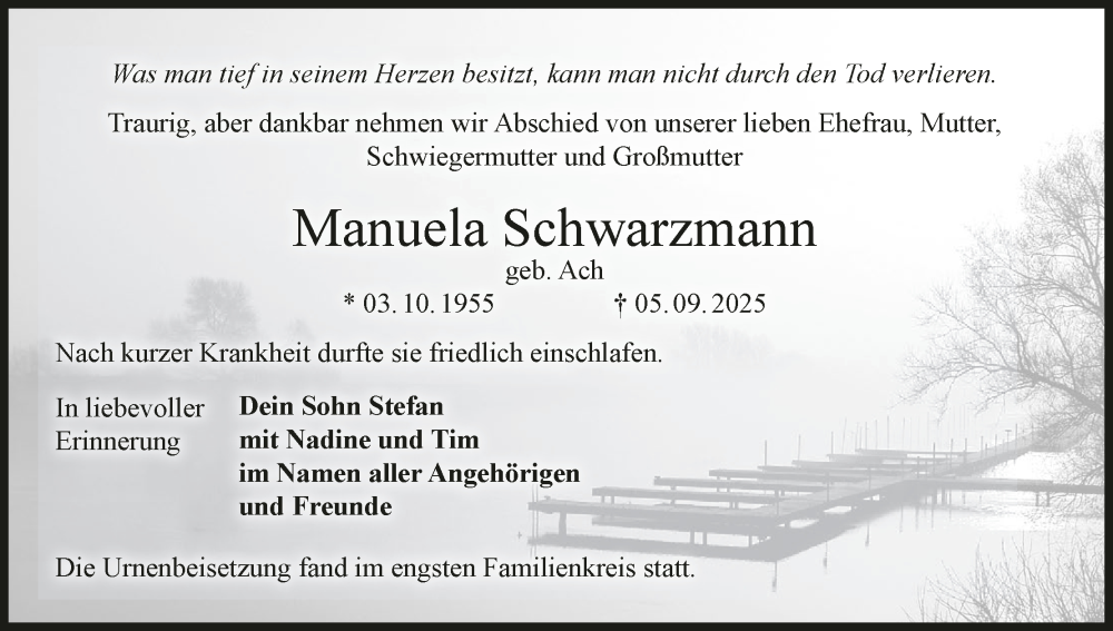  Traueranzeige für Manuela Schwarzmann vom 27.09.2025 aus MGO