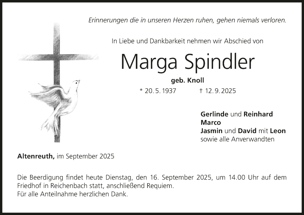 Traueranzeige für Marga Spindler vom 16.09.2025 aus MGO