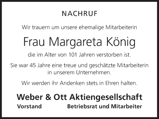 Anzeige von Margareta König von MGO