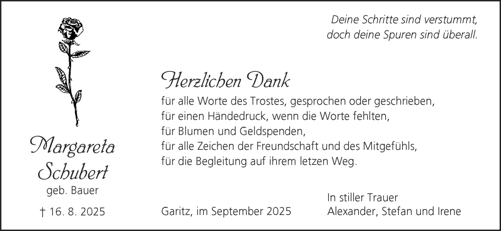  Traueranzeige für Margareta Schubert vom 13.09.2025 aus MGO