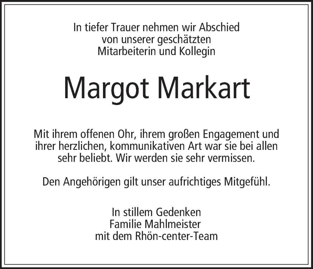  Traueranzeige für Margot Markart vom 13.09.2025 aus MGO