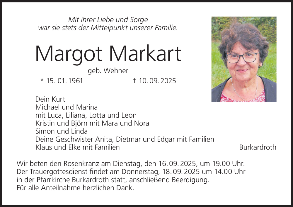  Traueranzeige für Margot Markart vom 13.09.2025 aus MGO