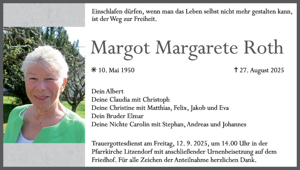  Traueranzeige für Margot Margarete Roth vom 06.09.2025 aus MGO