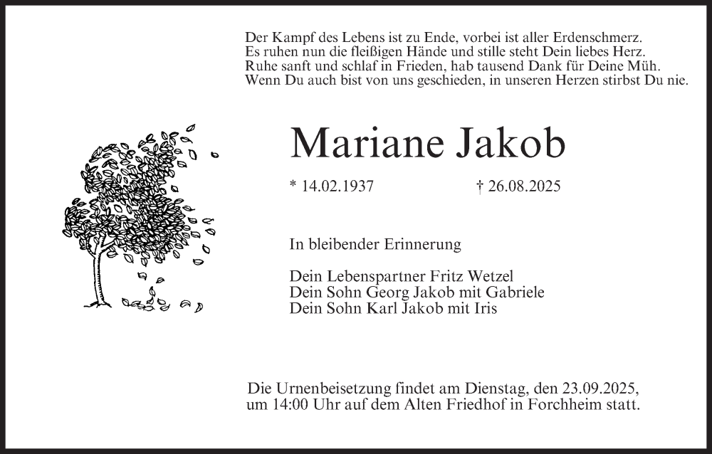  Traueranzeige für Mariane Jakob vom 20.09.2025 aus MGO