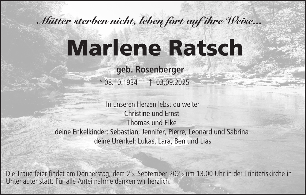  Traueranzeige für Marlene Ratsch vom 20.09.2025 aus MGO