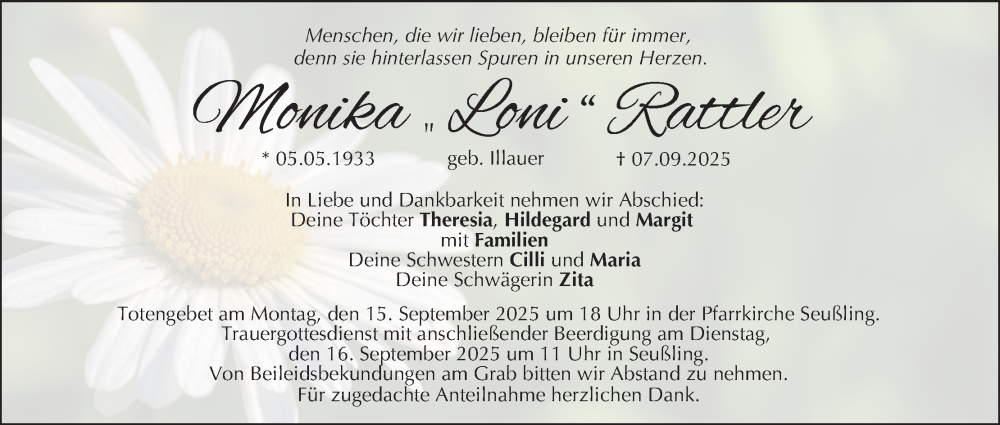  Traueranzeige für Monika Rattler vom 13.09.2025 aus MGO