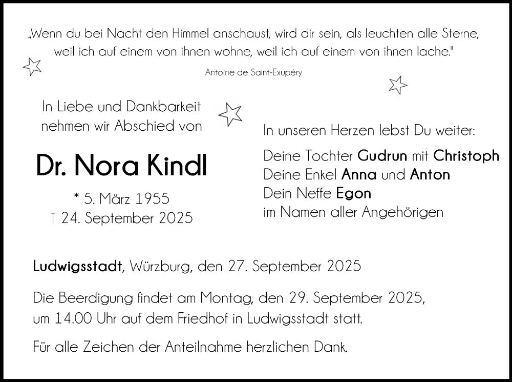  Traueranzeige für Nora Kindl vom 27.09.2025 aus MGO