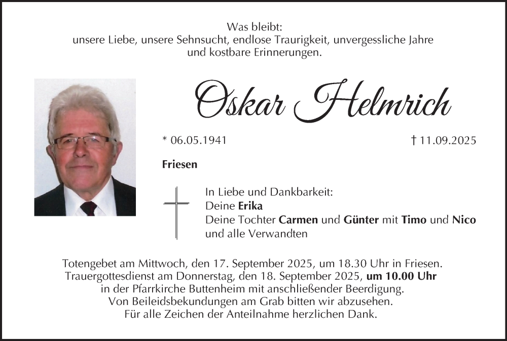  Traueranzeige für Oskar Helmrich vom 13.09.2025 aus MGO