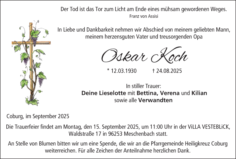  Traueranzeige für Oskar Koch vom 13.09.2025 aus MGO