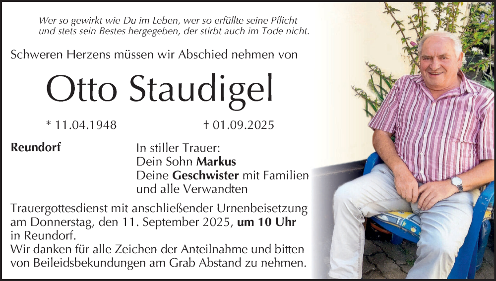  Traueranzeige für Otto Staudigel vom 06.09.2025 aus MGO
