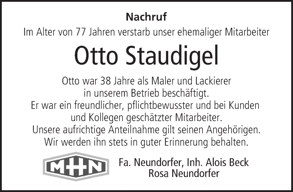  Traueranzeige für Otto Staudigel vom 13.09.2025 aus MGO