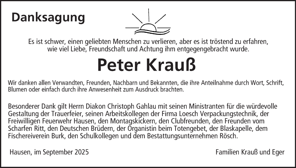  Traueranzeige für Peter Krauß vom 20.09.2025 aus MGO